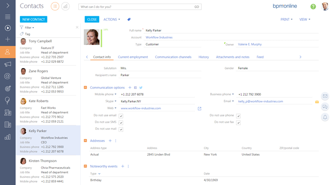 bpm’online Web Based Contact Management Software interface